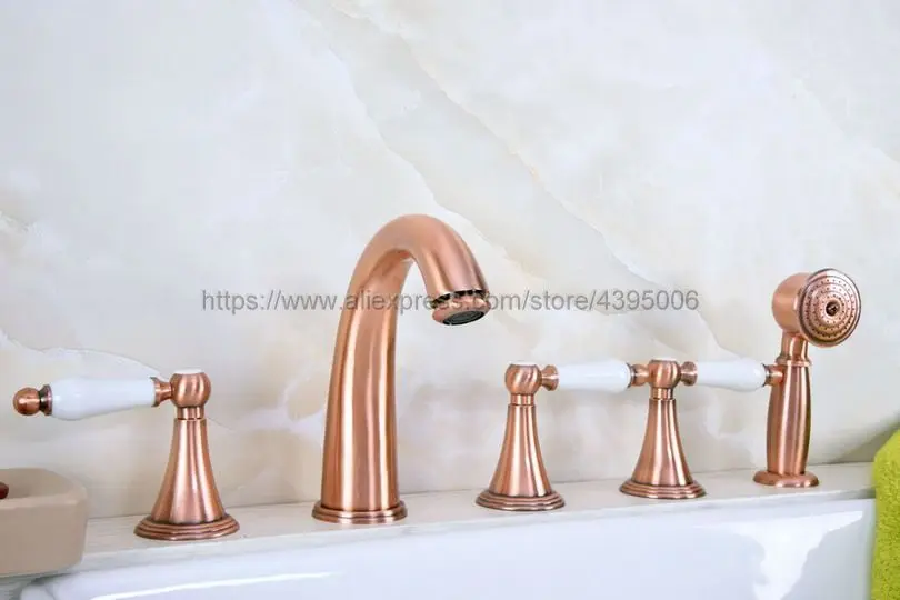 Bathtub Faucet 5 Pcs Widespread Roman Tub Faucet Three Ceramic handle Bathtub Mixer tap with Handshower Deck mounted Btf209