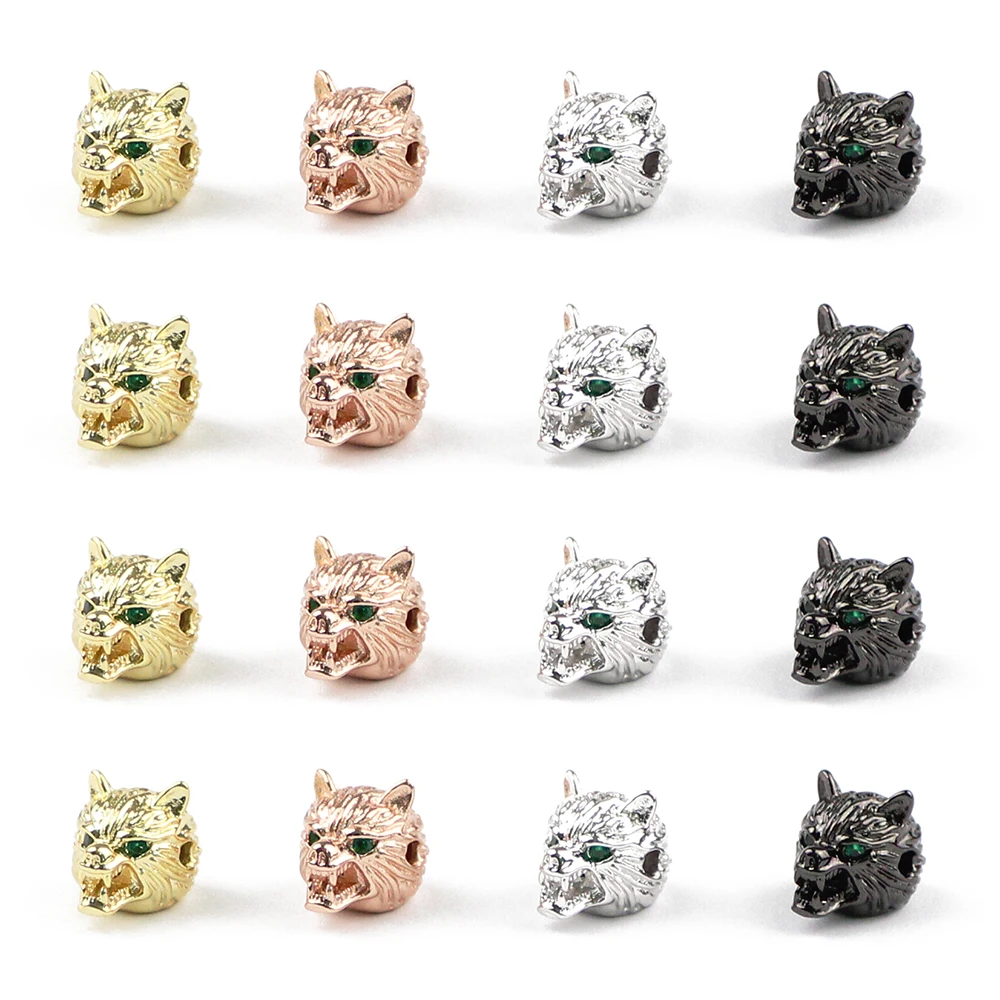 BTFBES Free shipment 4pcs Green eyed Wolf head charm Men\'s bracelet making DIY Jewelry Copper beads Metal discovery create Beads