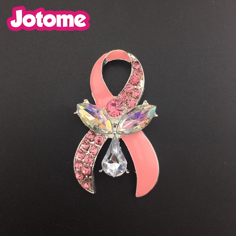 Wholesale 50/100pcs/lot 50mm Enamel Rhinestone Acrylic Pink Ribbon Breast Cancer Awareness Brooch Pin