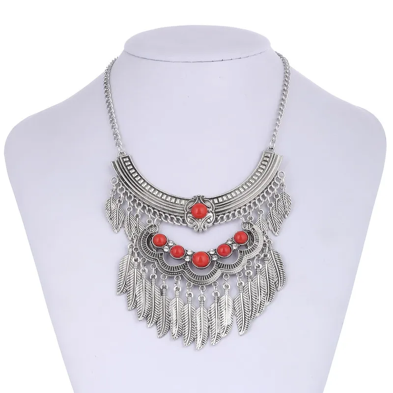 Vintage Statement Boho Necklace For Women Leaves Tassel Blue Black Red Beads Rhinestone Bohemian Necklace Party Jewelry Gift