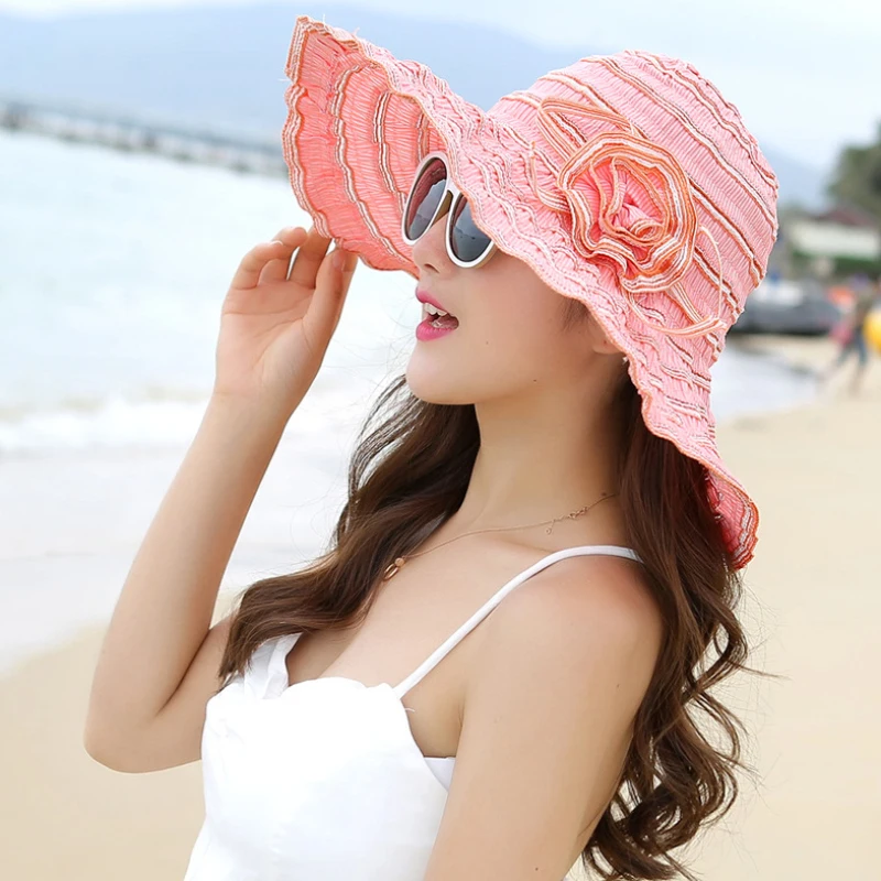 HT1676 2018 New Fashion Women Hat Korea Style Flower Packable Large Wide Brim Hat Anti-UV Adjustable Ladies Floppy Beach Sun Hat