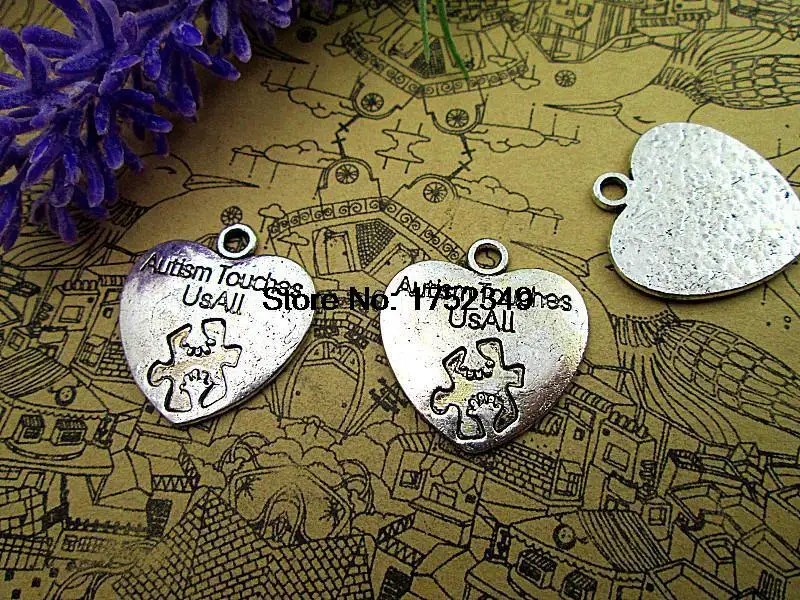 8pcs- autism touches us all Charms, Antique Tibetan silver heart  Charm pendants 25x23mm