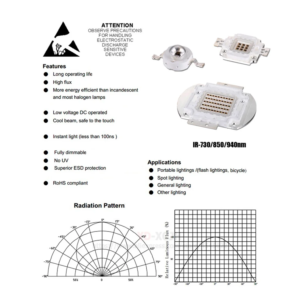 High Power LED Chip 730NM 800NM 805NM 850NM 940NM 980NM Infrared Emitter Lamp Light Bead COB 3W 5W 10W 20W 30W 50W 100W Watt