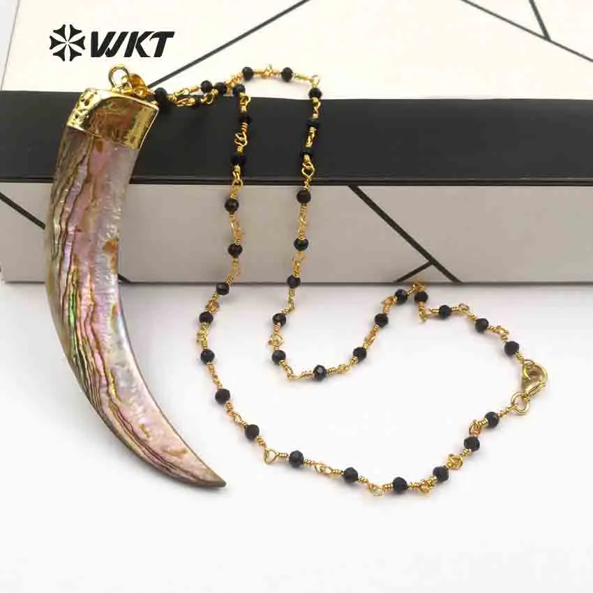 WT-JN049 WKT Natural abalone shell rosary bead necklace big size horn shape pendant & faceted black rosary chain girl necklace