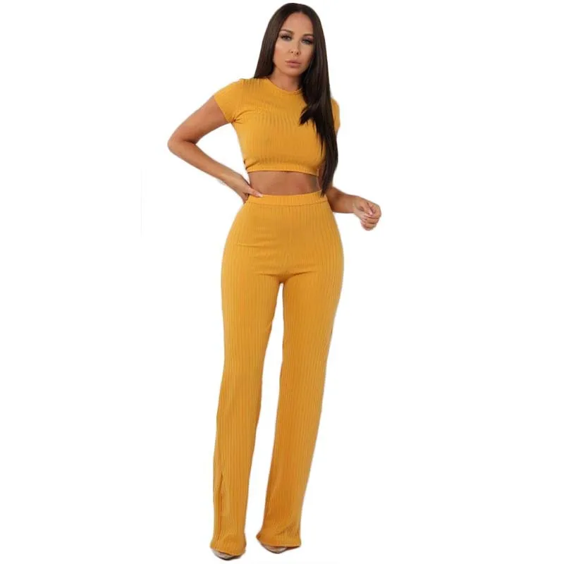 Women knitted long sleeve o-neck crop top wide leg pants 2 piece set for female women tops pants two pieces sets women\'s suits