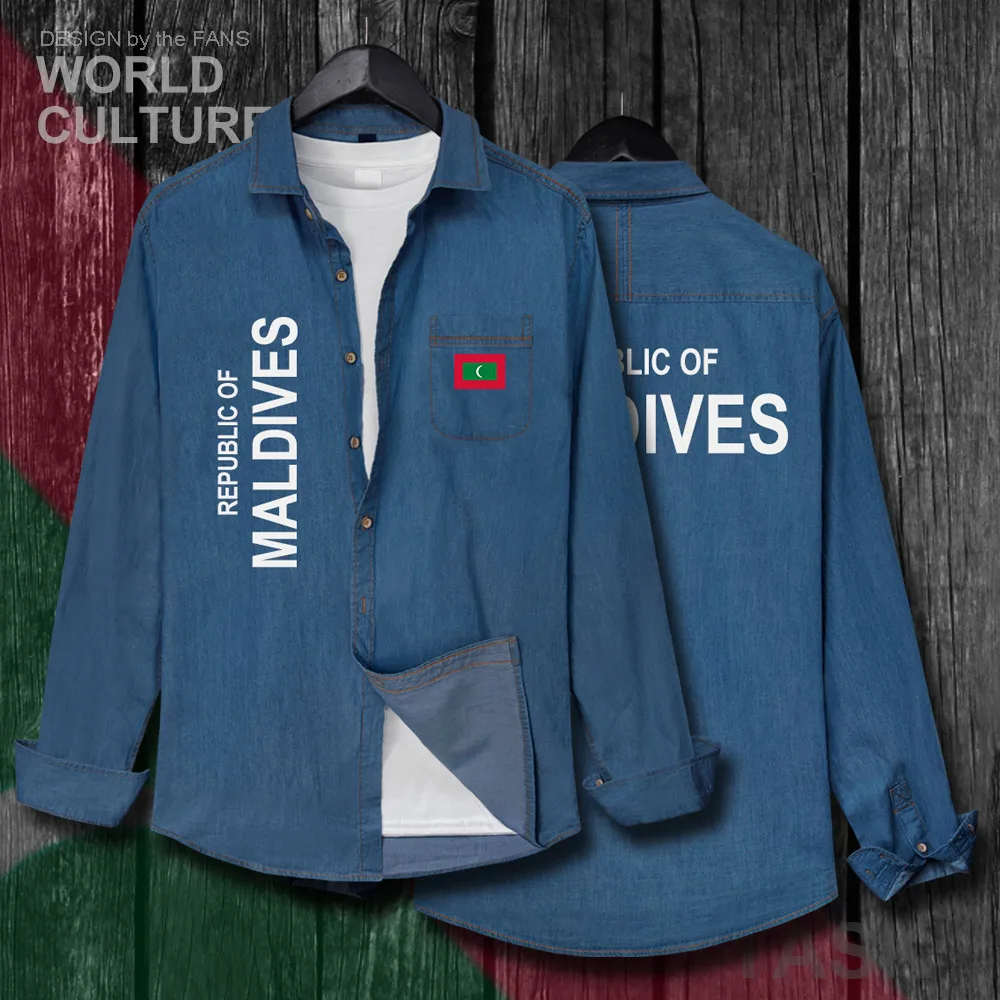 

Maldives MDV Maldivian Maldivians MV Men Flag Clothes Autumn Cotton Turn-down Collar Jeans Shirt Long Sleeve Cowboy Coat Fashion