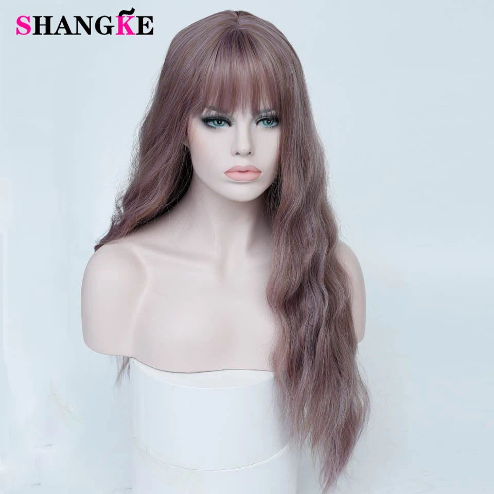 SHANGKE Synthetic Long Mix Purple Womens Wigs With Bangs Heat Resistant Kinky Curly Pink Green Wigs for Women African American