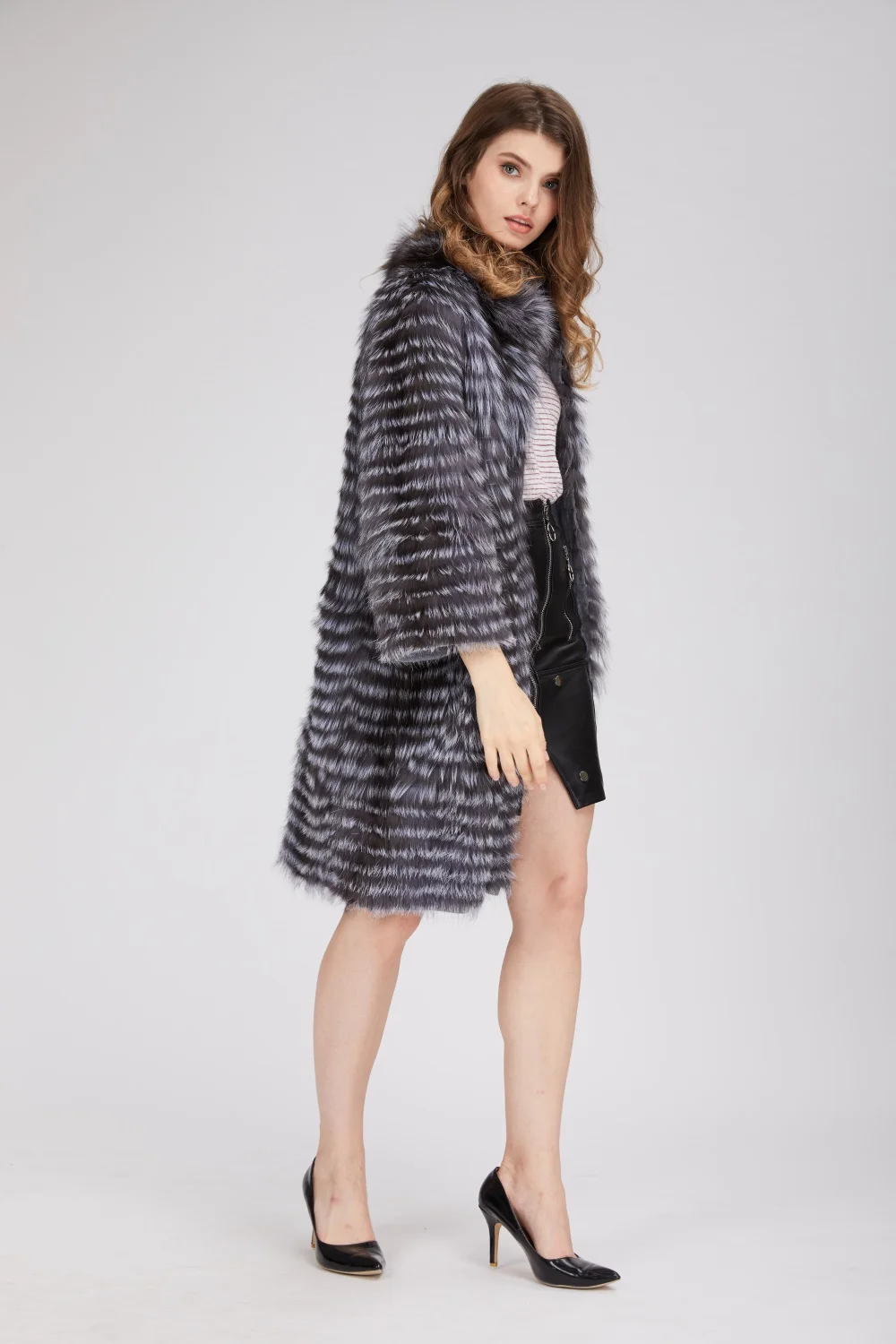 Women's Striped Real Silver Fox Fur Coat, Long Cardigen with Wool Lining, Big Size Clothes, Elegant Outwear, Spring, Lux18A09164