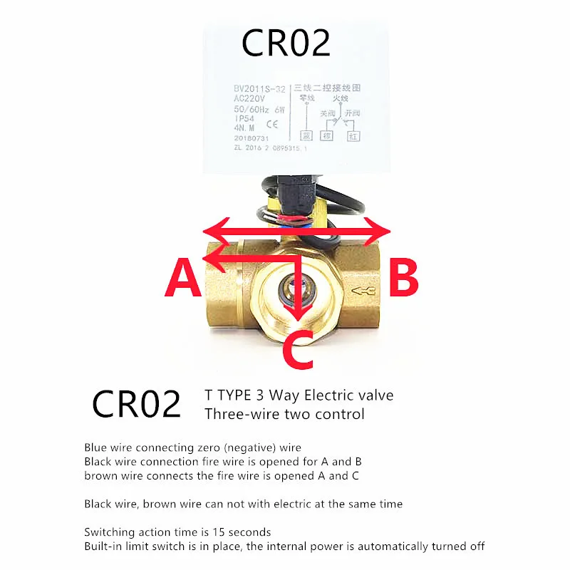 3 Way Motorized Ball Valve Brass, AC220V Electric Actuator, DN15 to DN25 Threaded T-Port Valve CR02 CR03,J19092