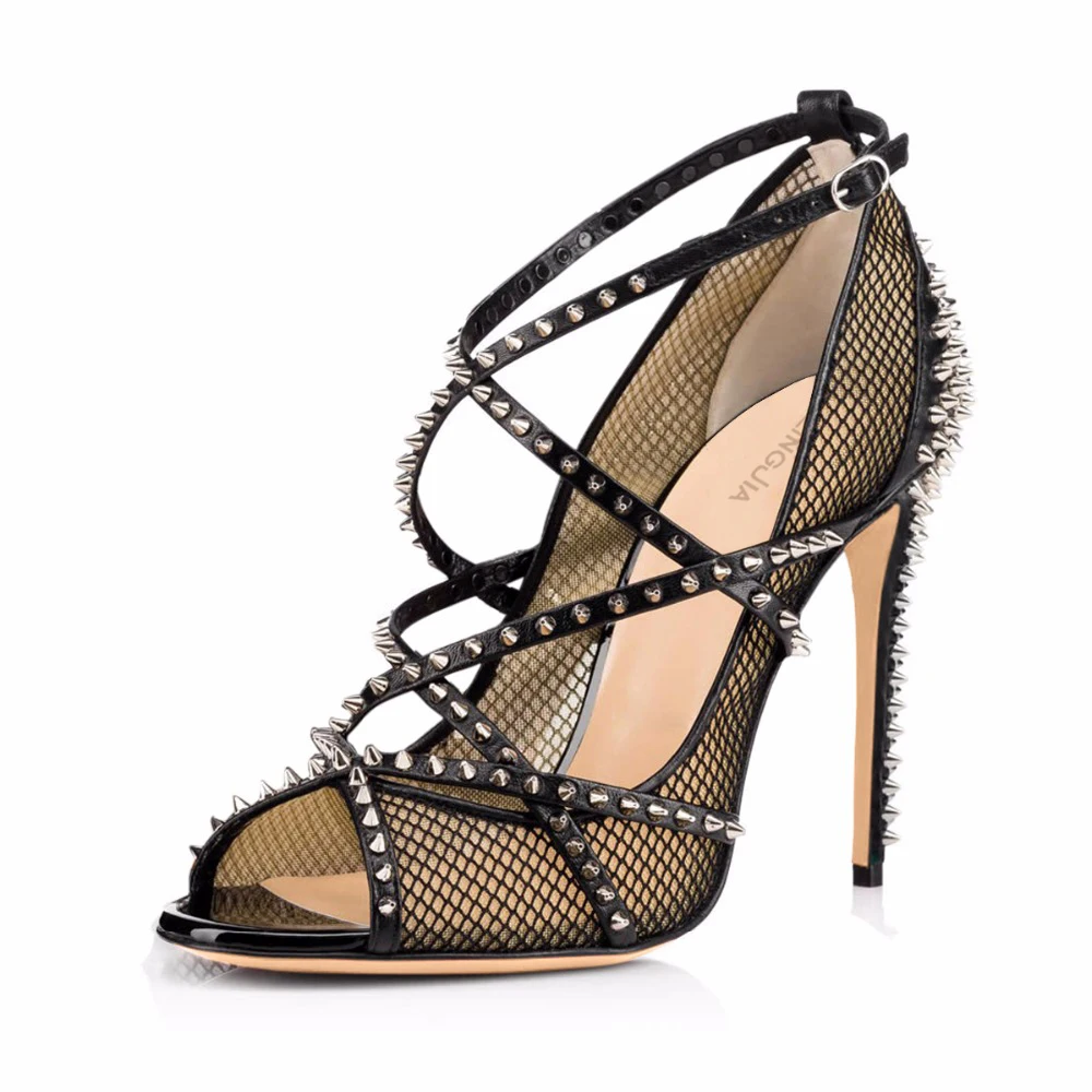 Sexy Black Fishnet High Heels with Spikes 2021 Peep Toe Studded Strappy Mesh Pumps Nude Ladies Stiletto Heel Shoes Large Size