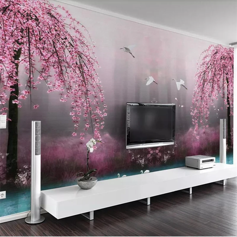 

custom dreamy pink cherry swan lake landscape wallpapers home decor TV background large mural green wallpaper 3D papel de parede