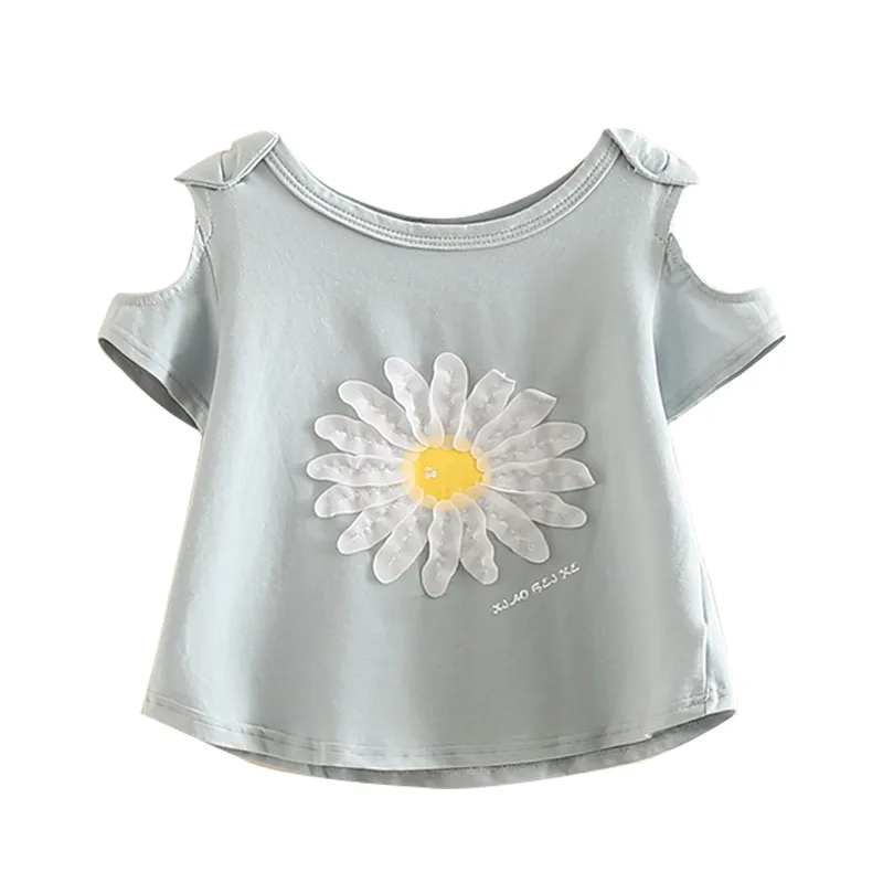 2023 Summer New Design 2 3 4 5 6 8 10 Years Cotton Short Sleeve O-Neck Strapless Off-Shoulder Floral Cute Kids Baby Girl T-Shirt