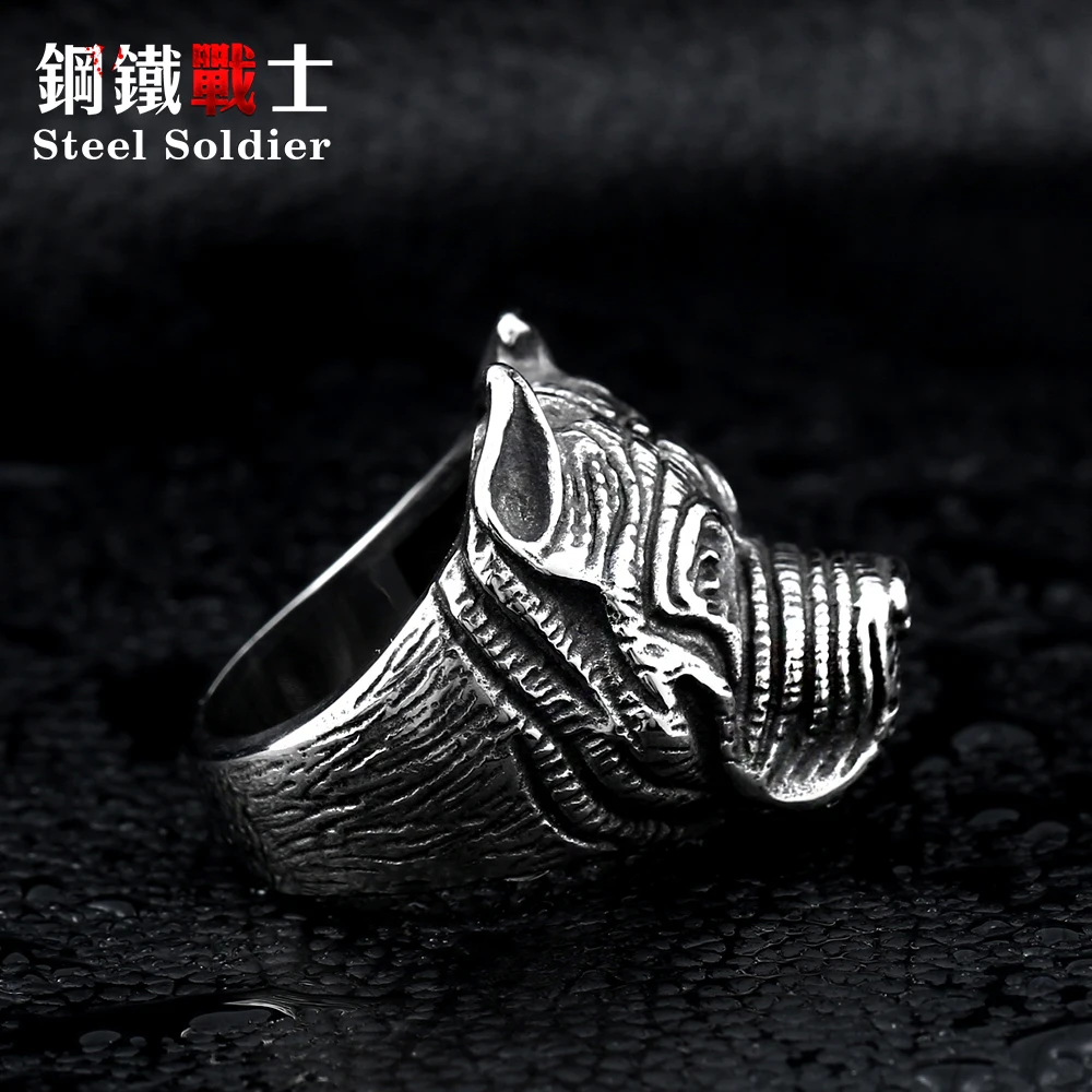 steel soldier Wholesale Exaggerated Ring Pit Bull Bulldog Dog Rings Men Personality Titanium Steel Animal Jewelry