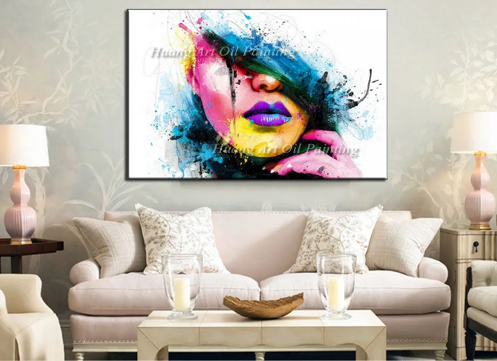 Wall Art Large Fashion Painting on Canvas Women Face Picture Hand Painted Colorful Sexy Girl Abstract Figures Oil Painting image 3