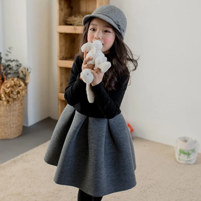 

Autumn Winter Party Dress Girls Patchwork Long Sleeve Kids Clothes Teen Girl Dresses For Teenagers Black Grey 2024 New