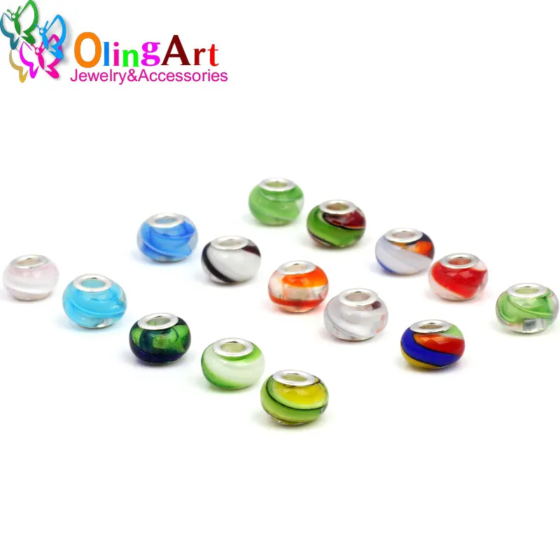 OlingArt 15x10mm 6Pcs Transparent thick stripes multicolored Big Hole glass European Beads DIY Bracelet Necklaces Jewelry making