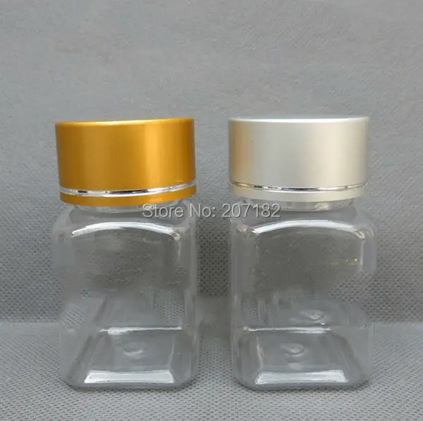 

(100pcs/lot) 60ml/60g Transparent Square PET Pill Capsule Bottle, Plastic Bottle with Pressure Sensitive Pad, Gold Metal Cap