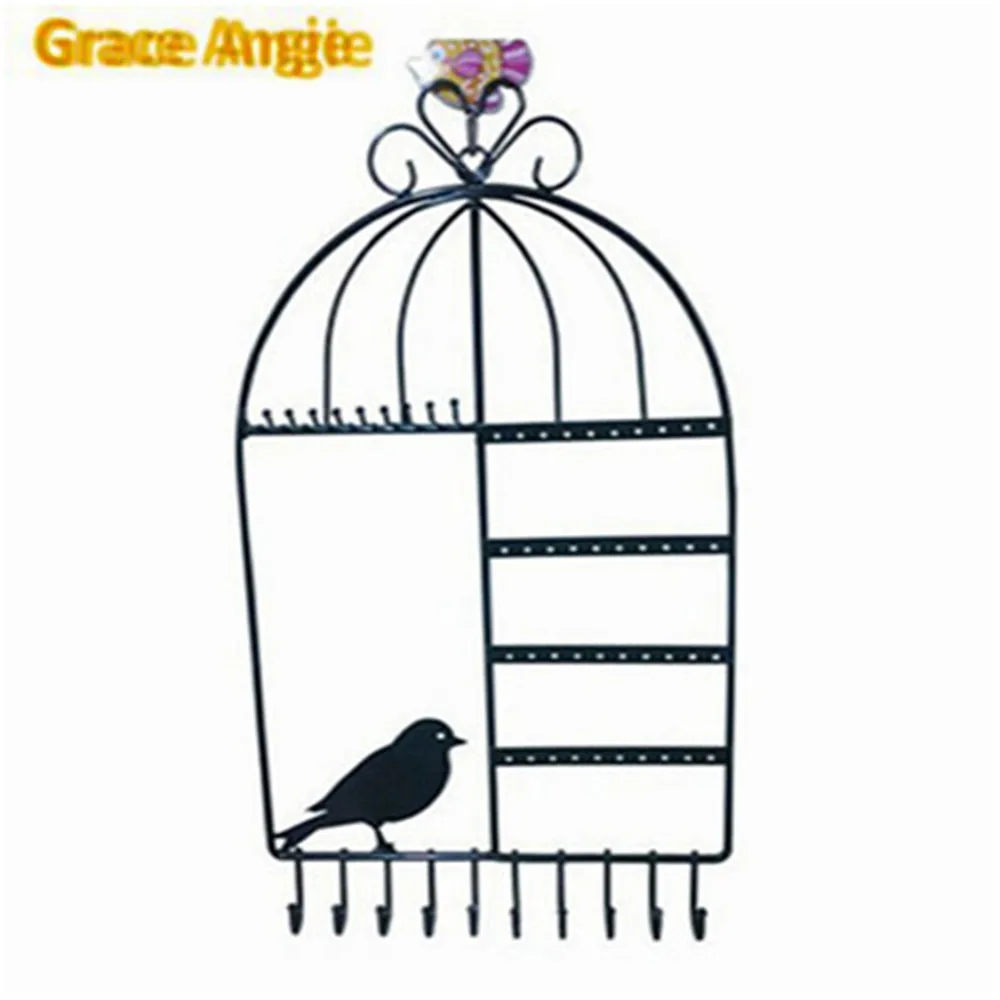 1PCS Economic Bird Cage Iron  Earrings Necklace Display Jewelry Wall Mount Stand Holder 40Holes 10Hooks Pink,Black,White