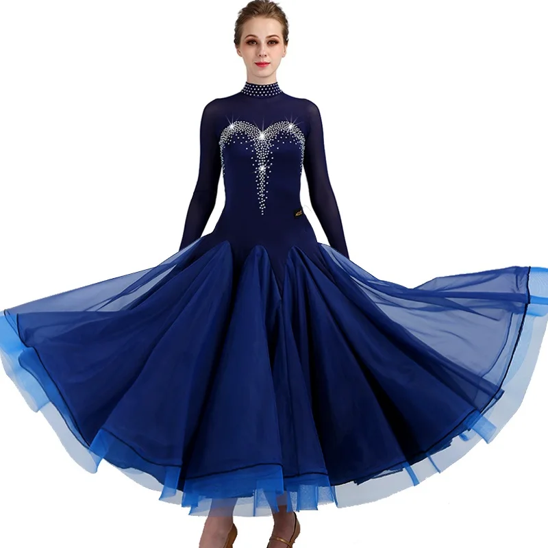 Ballroom Dans Jurken Lange Mouw Jurk Voor Ballroom Dansen Kristal Strass Vrouwen Stage Waltz Ballroom Jurk Blauw Zwart MQ049