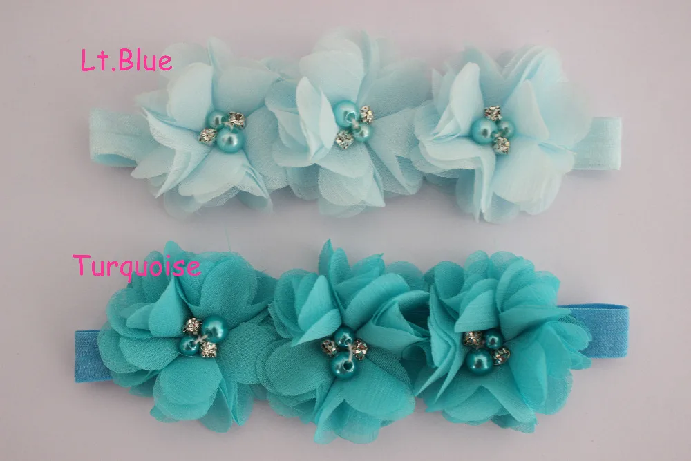 

Boutique headwear Triple chiffon flower headband two pearl two rhinestone flower on foe headband for kids women 30pcs