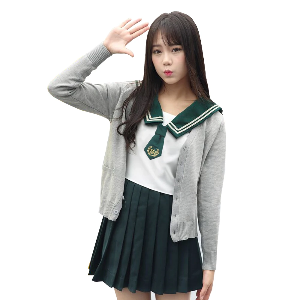 Uniforme escolar japonés verde para niñas, traje de Anime, traje de marinero con corona bordada JK Navy, ropa de estudiantes para niñas-XXL