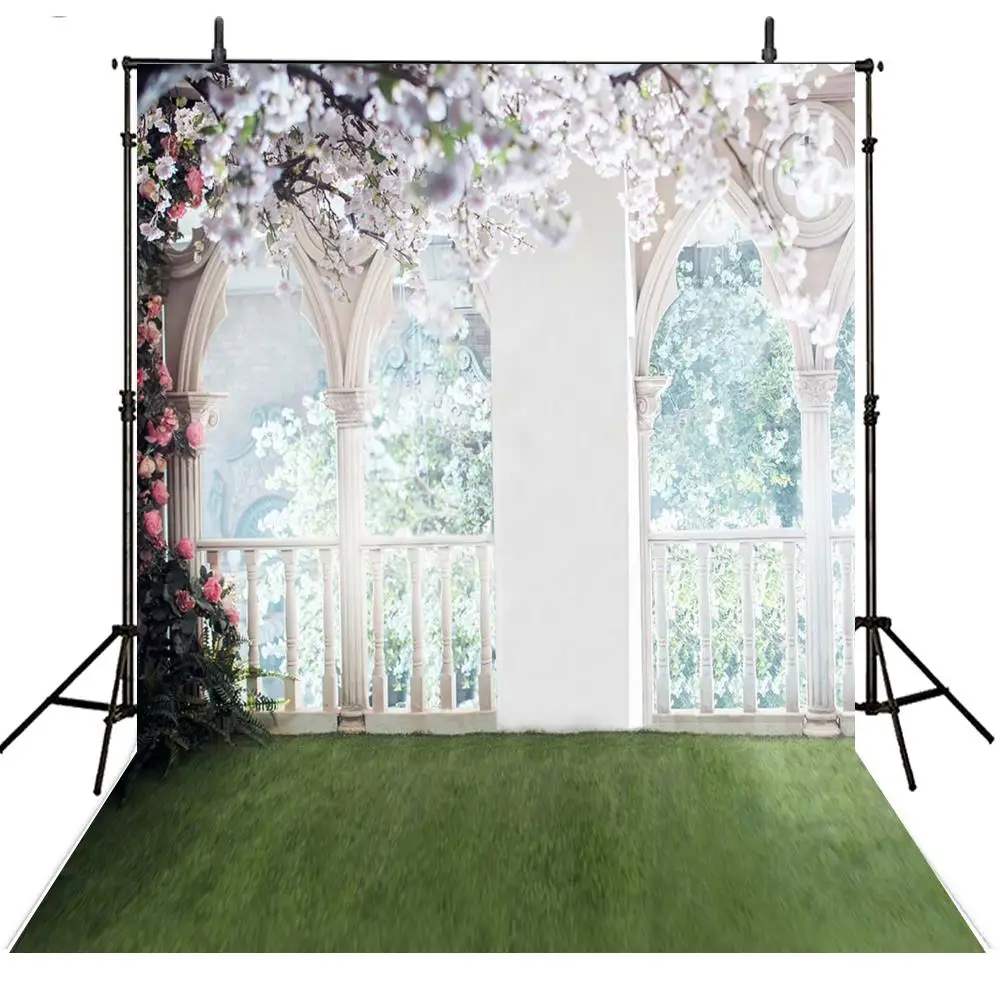 

Column Windows Red Flower Leaves Fence Grass background polyester or Vinyl cloth High quality Computer print wall backdrop