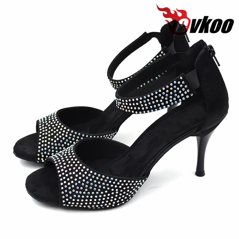 Customsized Latina Zapatos Salsa dance shoes Best seller 8.5cm high heel black Latin Rhinestones dance shoes for woman Evkoo-375