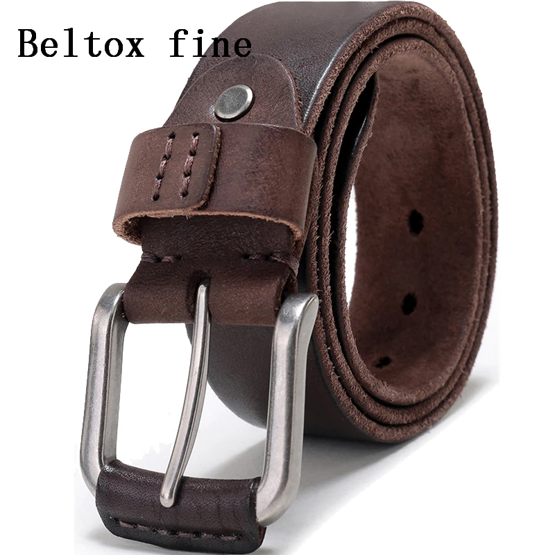 Men's Classic Cow Leather Belt Full Grain Designer Sturdy Jean Hand Stitching Girdle Black and Coffee