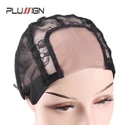 Plussign U parte gorra de peluca de encaje suizo, gorros de peluca de redecilla negra para hacer pelucas, gorro tejido con correa ajustable, herramientas para hacer peluca