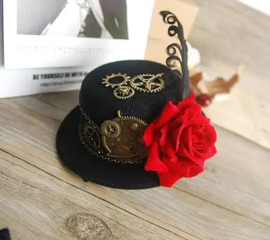 Punk Black Gothic Mini Top Hat Fascinator On Hairclip Womens Fancy Dress Steampunk Gears Feather Rose Hats