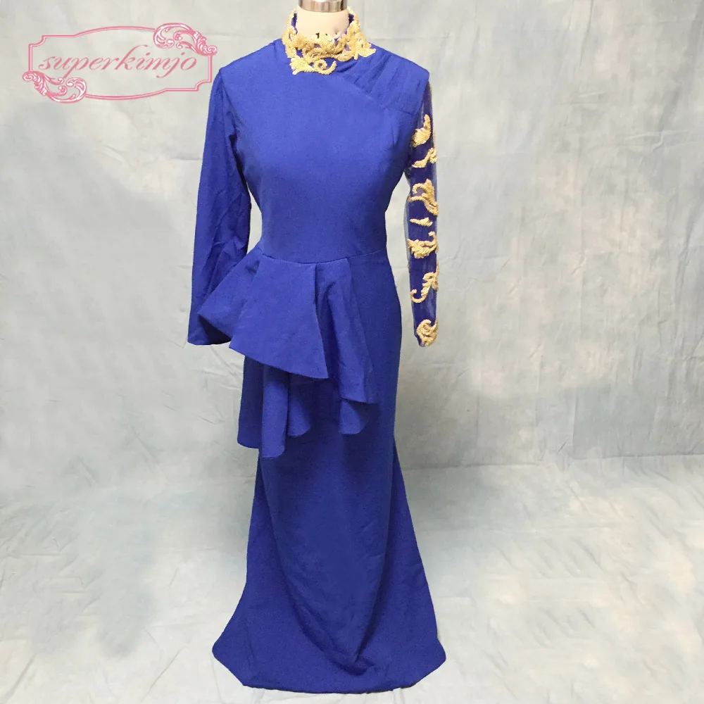 royal blue prom dresses with high neck beading long sleeve cotton satin gold sequins beading peplum mermaid evening dresses gown