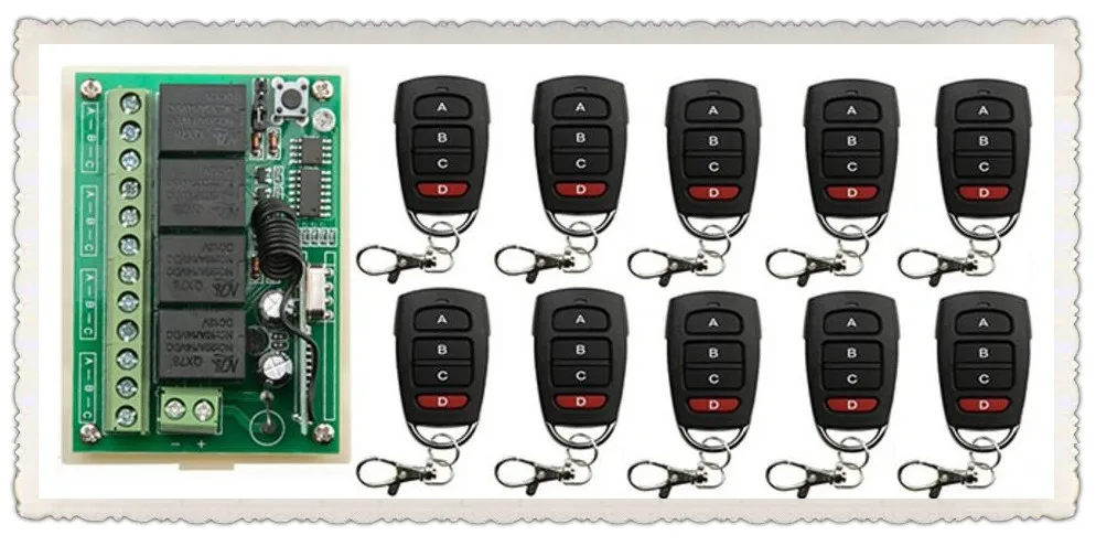 

JRLJEKEENew RF Wireless Remote Controller Relay Switch System teleswitch DC12V 4CH 1pcs Receiver&10pcs Transmitter Toggle Moment