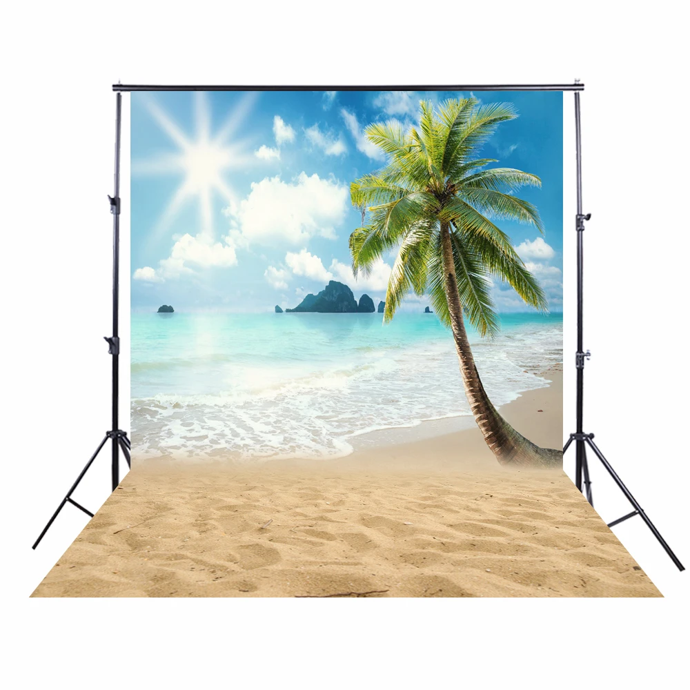 2.5x3m Tropical Beach Background Beach Seaside Photography Backdrop Photo Booth Background for Pictures Palm Tree XT-5856