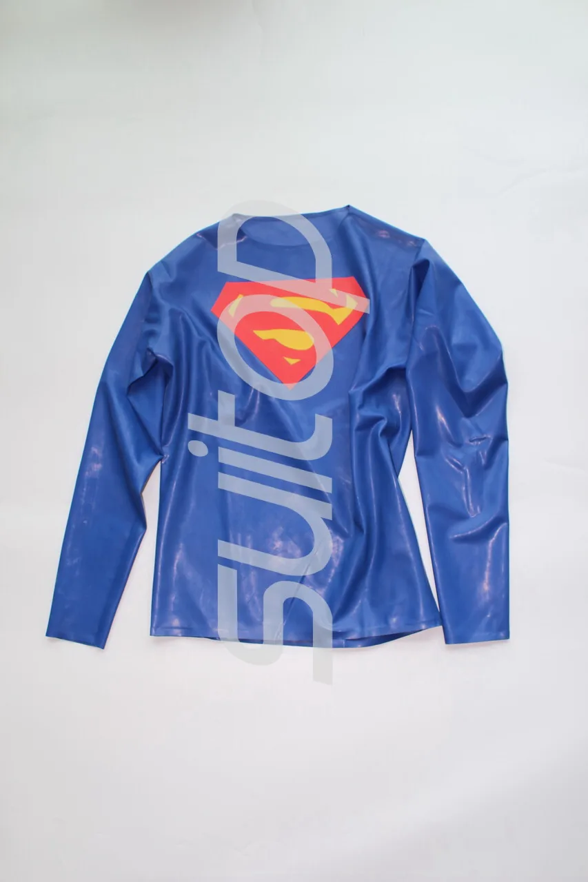 

New Super men latex full T-shirt fashion Rubber Tees in blue no zip