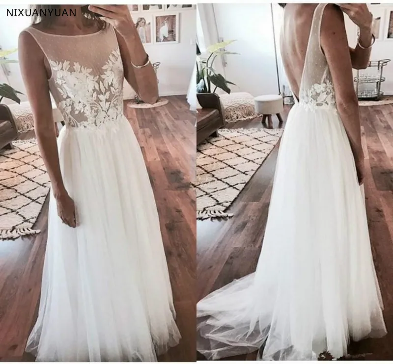 

Backless White Wedding Dresses 2023 Bateau Sweep Train Appliques Garden Country Beach Bridal Gowns Vestido De Novia Plus Size