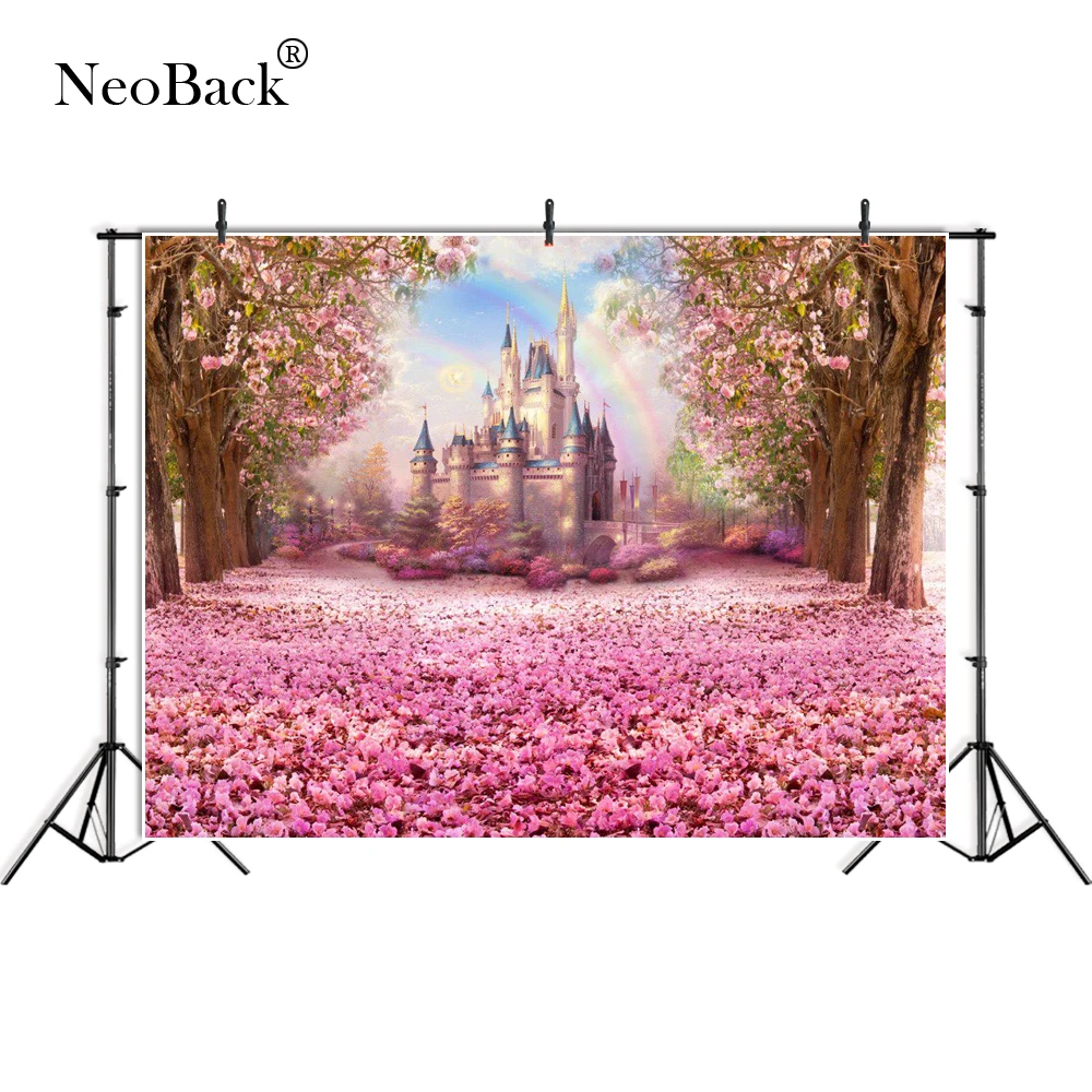 NeoBack Spring Pink Sakura Fairy Tale Castle Birthday Banner Children Photocall Backgrounds Photo Studio Photography Backdrop