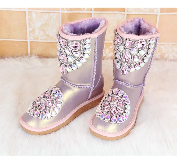 New Intrigue Purple Color Glitter Rhinestone  Embellished Snow Boots Winter Flat Warm Plush Inside Med calf Crystal Boots Shoes