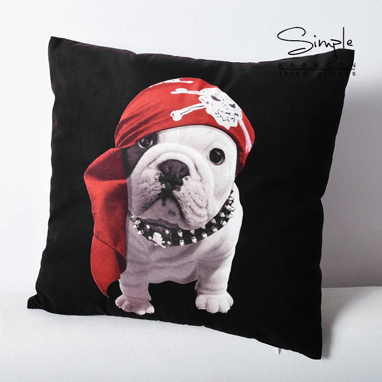 Novelty Fun Bulldog Velvet Cushion Cover Cool Punk Priate Bulldog Throw Pillow Case Decorative Dog Pattern Pillow Covers Cases