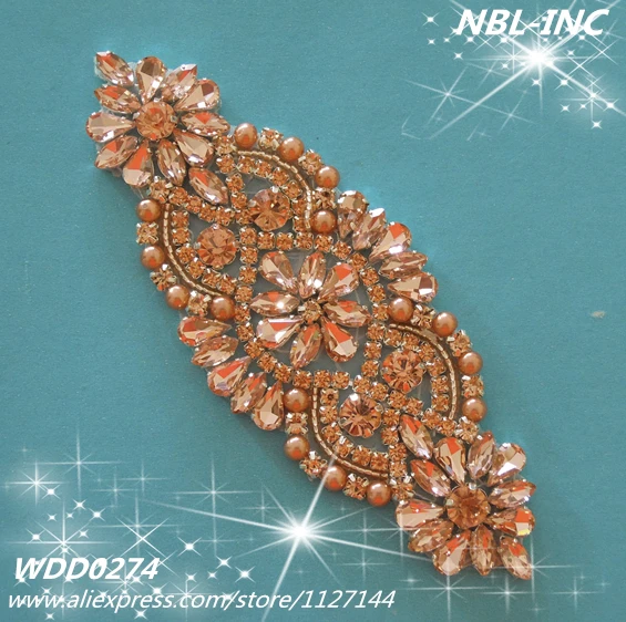 (30 pieces)Wholesale silver hand beaded sewing peach champagne crystal rhinestone applique patch iron on for dress WDD0274