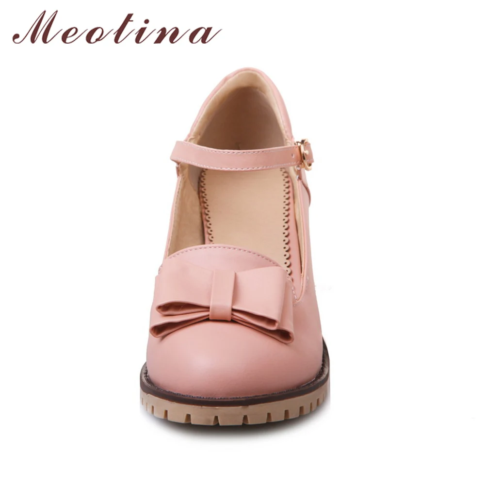 Meotina Women Pumps Lolita Shoes Platform High Heels Pink Mary Jane Shoes Bow Block Heel Ladies Party Shoes Large Size 33-43