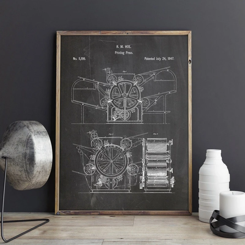 Printing Press Patent Prints Book Lover Wall Art Writer Posters Decor Vintage Blueprint Canvas Painting Picture Gift idea