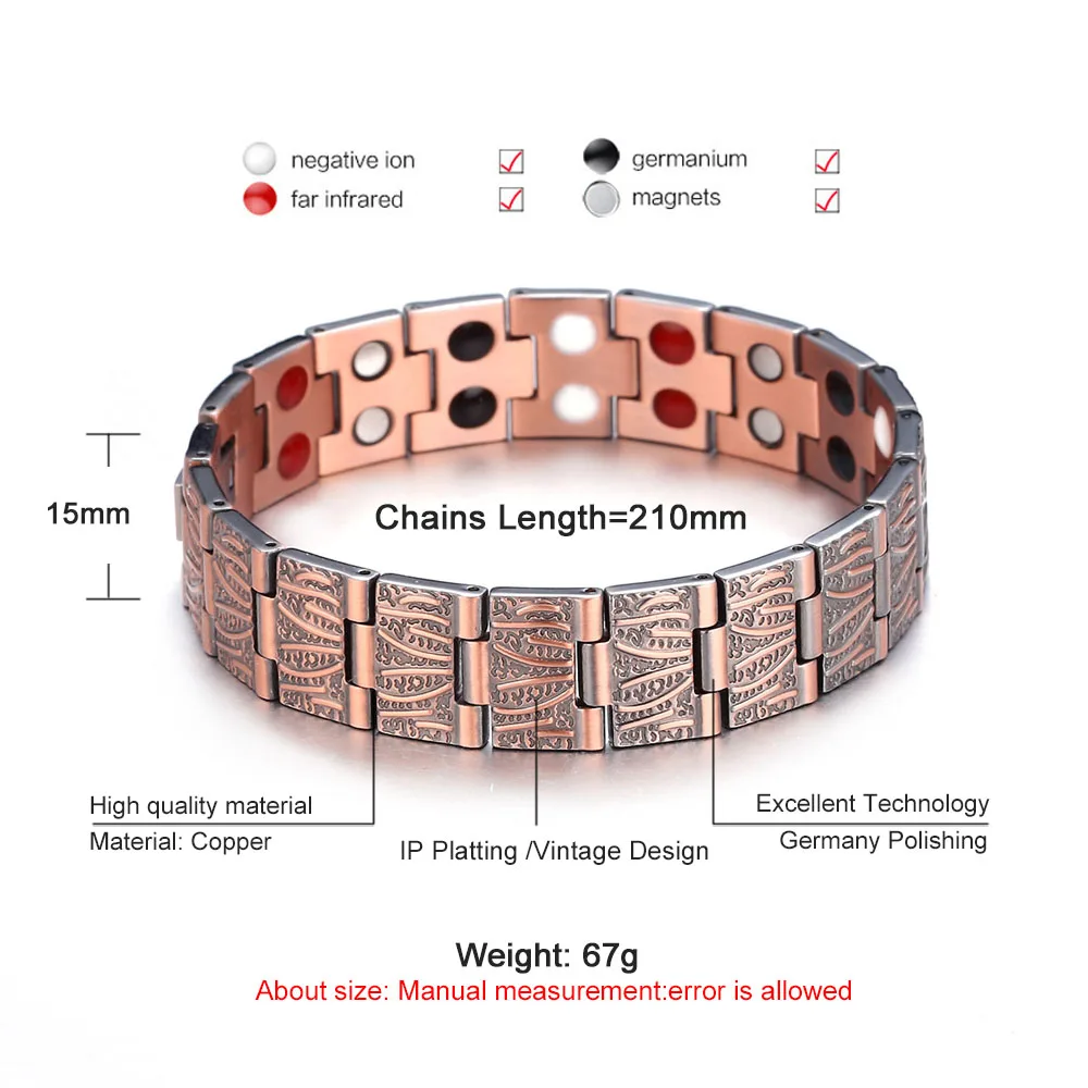 Pure Copper Magnetic Bracelets For Men Ions Germanium Health Care Medical Energy Bracelets Jewelry