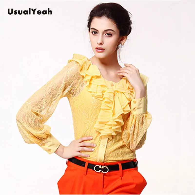 New  Elegant Women\'s Lace Body Shirt Long Sleeve Work Wear Top Ruffled neck Patchwork Blouse with vest 5 Colors M-XXL SY0271