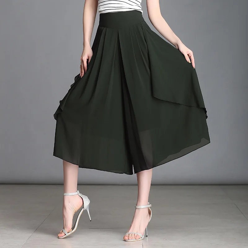 Plus size 4XL 2020 Summer chiffon skirt pants women's loose chiffon wide leg pants female high waist solid pants women clothing