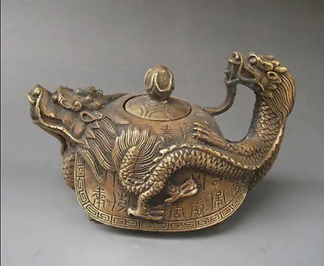 

Copper Brass craft 5.98 inch / Rare Oriental copper Signed carved Dragon Teapot Statues