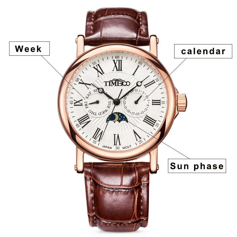 TIME100 Men Watches Quartz waterproof auto date sun Phase Leather Strap Business WristWatch stainless steel relogio masculino