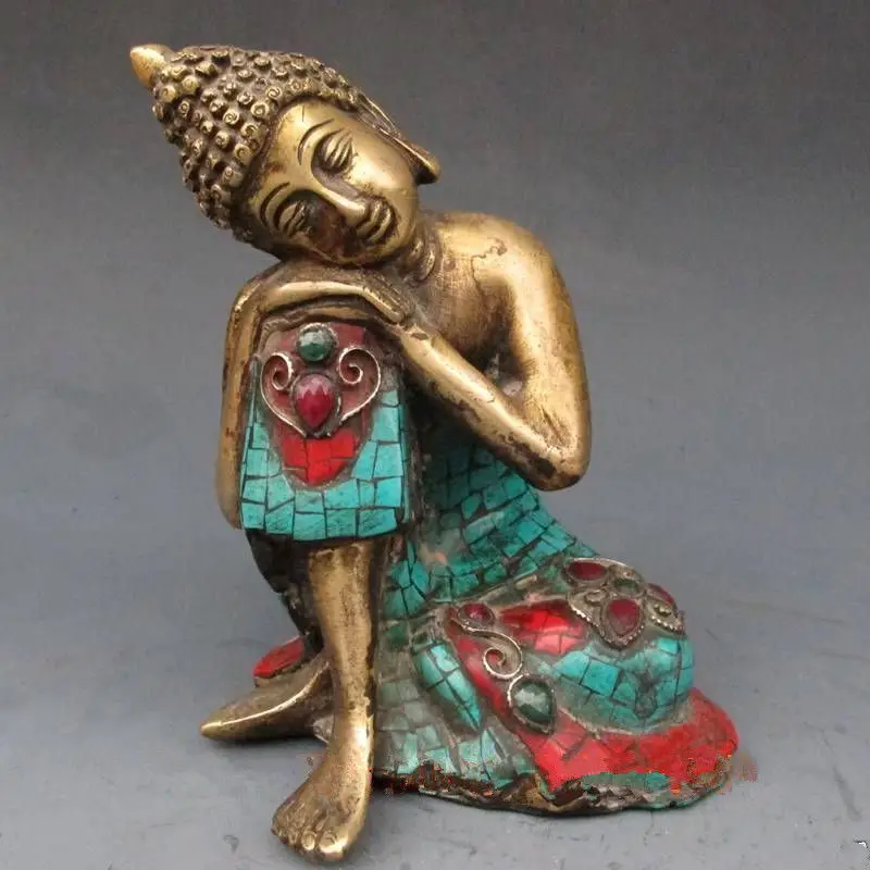 6.3 inch / Elaborate Tibetan Copper artificial turquoise meditation Sakymuni Buddha statue