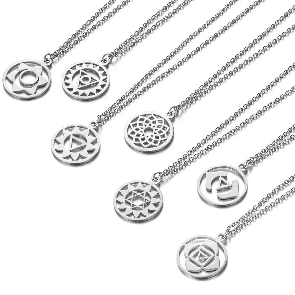 7pcs/lot Stainless Steel Hollow Out Whole 7 Chakra Meditation Charms Pendants Necklaces For Women Jewelry Gift 40cm