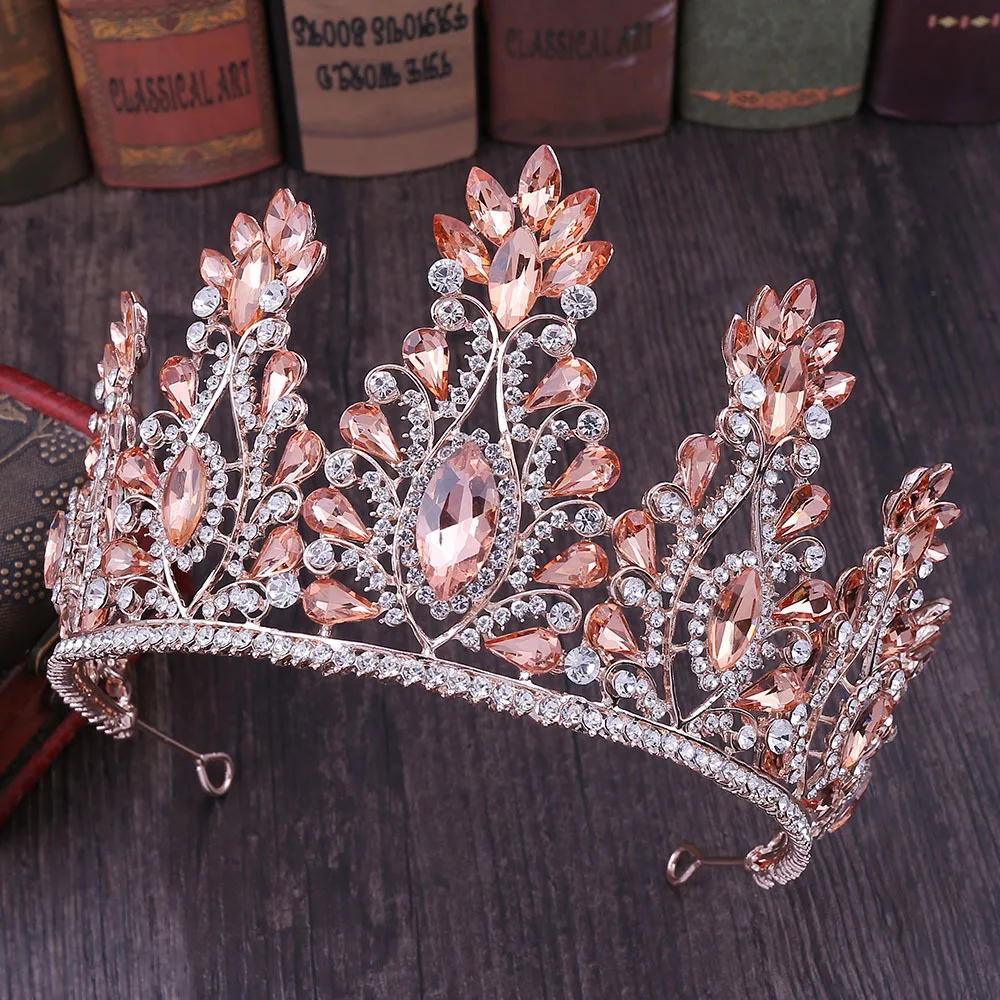 Baroque Rose Gold Color Crystal Bridal Tiaras Crowns Big Rhinestone Diadem Veil Tiara Bride Headbands Wedding Hair Accessories