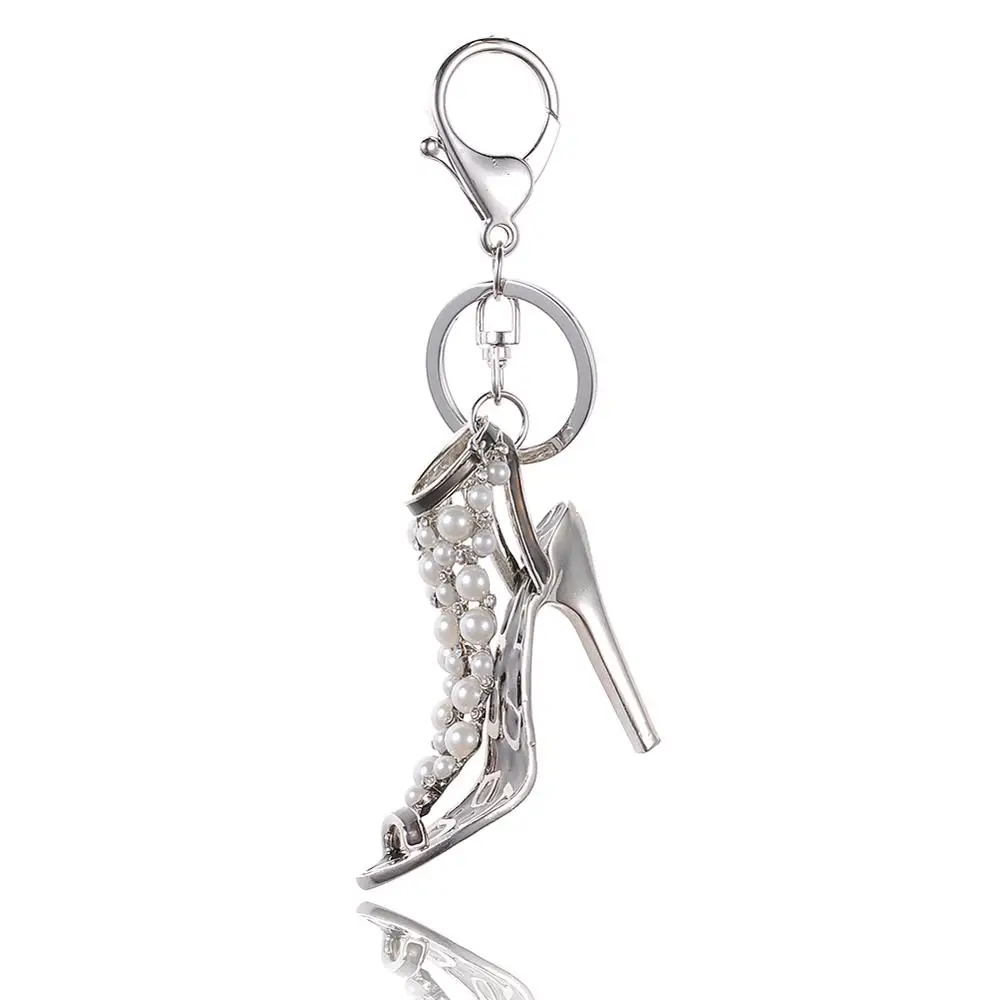 Gota de Óleo Gotejamento Liga de alta Qualidade Chaveiro Chaveiro Esmalte sapatos de Salto Alto Strass Pérolas de cristal KeyChain Anel Chave inoxidável mulheres